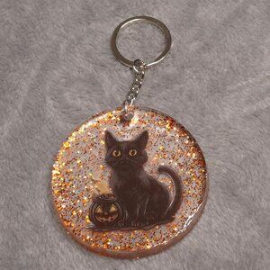 Black Cat Halloween Glitter Resin Keychain Bag Charm Pumpkin 2 3/4 in Diameter
